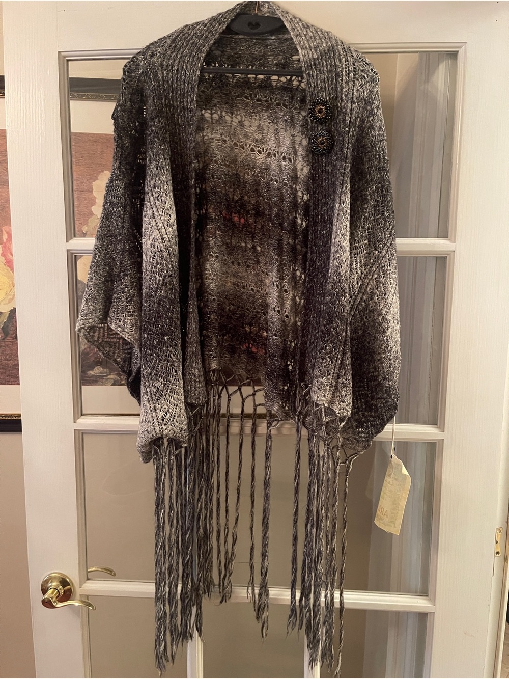 NWT ARATTA Boho Open-Front Fringe Knit Cardigan Sweater - Gray Ombre